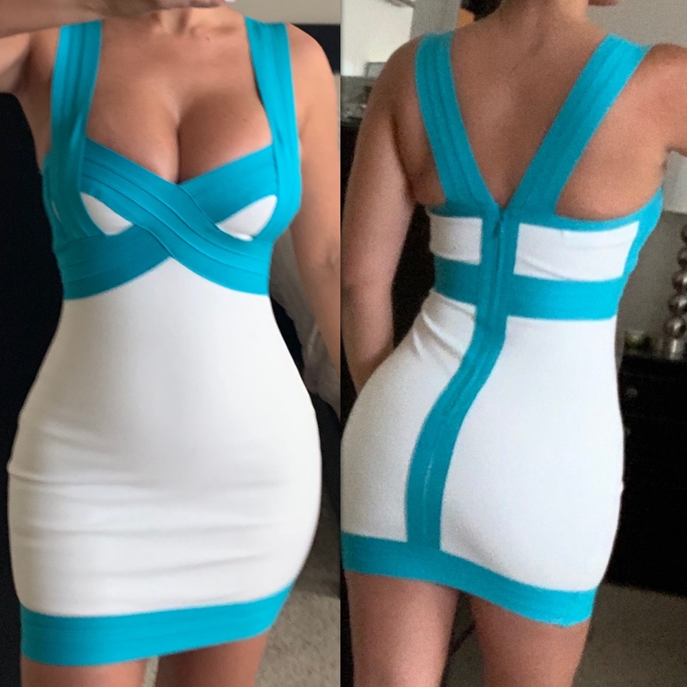 White body on dress with blue trim